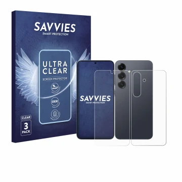 Face avant d’un emballage produit avec le logo de la marque Savvies. À côté, l’appareil Samsung Galaxy S25 (Avant+Arrière) est