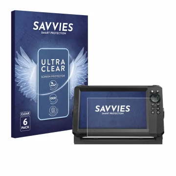Face avant d’un emballage produit avec le logo de la marque Savvies. À côté, l’appareil Lowrance Eagle 9 est représenté avec l
