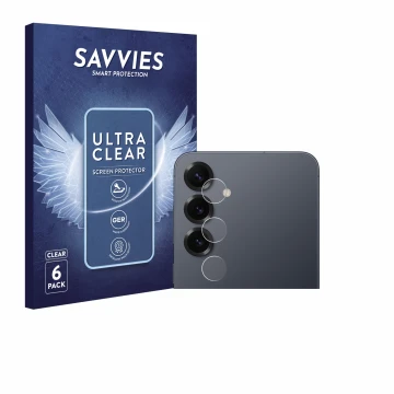 Face avant d’un emballage produit avec le logo de la marque Savvies. À côté, l’appareil Samsung Galaxy S25 Plus (Caméra UNIQUE