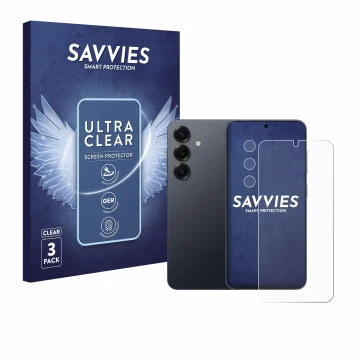 Face avant d’un emballage produit avec le logo de la marque Savvies. À côté, l’appareil Samsung Galaxy S25 Plus (Avant+Caméra)