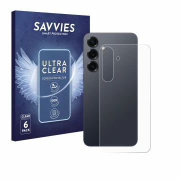 Face avant d’un emballage produit avec le logo de la marque Savvies. À côté, l’appareil Samsung Galaxy S25 Plus (Arrière) est 