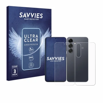 Face avant d’un emballage produit avec le logo de la marque Savvies. À côté, l’appareil Samsung Galaxy S25 Plus (Avant+Arrière