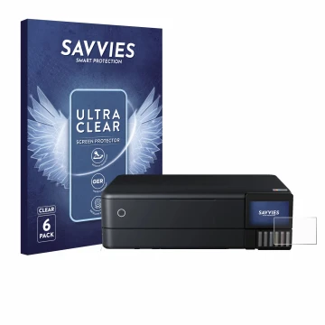 Face avant d’un emballage produit avec le logo de la marque Savvies. À côté, l’appareil Epson EcoTank ET-8550 est représenté a