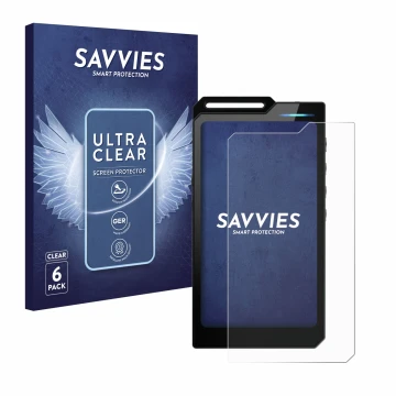 Face avant d’un emballage produit avec le logo de la marque Savvies. À côté, l’appareil Hiby R4 est représenté avec la protect