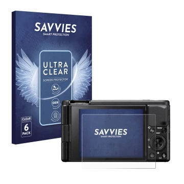 Face avant d’un emballage produit avec le logo de la marque Savvies. À côté, l’appareil Sony ZV-1A est représenté avec la prot