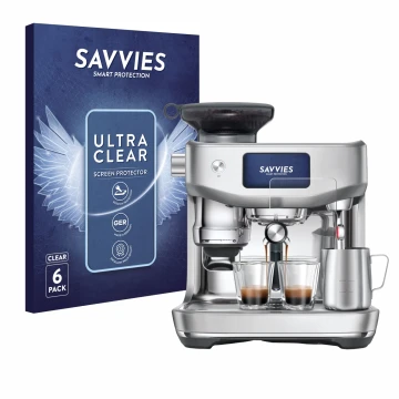 Face avant d’un emballage produit avec le logo de la marque Savvies. À côté, l’appareil Sage the Oracle Jet est représenté ave