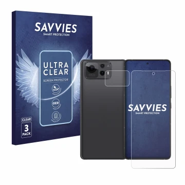 Face avant d’un emballage produit avec le logo de la marque Savvies. À côté, l’appareil ASUS ZenFone 12 Ultra (Avant+Caméra) e