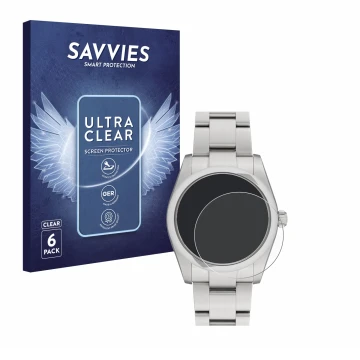 Face avant d’un emballage produit avec le logo de la marque Savvies. À côté, l’appareil Rolex Oyster Perpetual 34 est représen