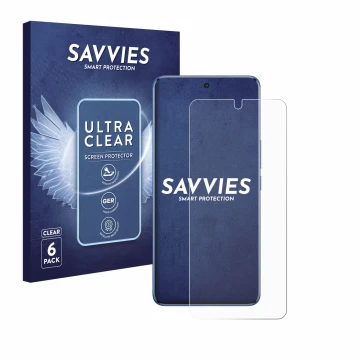 Face avant d’un emballage produit avec le logo de la marque Savvies. À côté, l’appareil Vivo V50 est représenté avec la protec