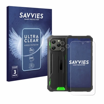 Face avant d’un emballage produit avec le logo de la marque Savvies. À côté, l’appareil Blackview BV5300 Plus (Avant+Caméra) e