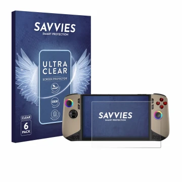 Face avant d’un emballage produit avec le logo de la marque Savvies. À côté, l’appareil MSI Claw 8 AI+ est représenté avec la 