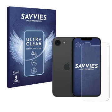Face avant d’un emballage produit avec le logo de la marque Savvies. À côté, l’appareil Apple iPhone 16e (Avant+Caméra) est re