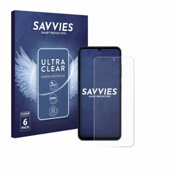 Face avant d’un emballage produit avec le logo de la marque Savvies. À côté, l’appareil ZTE Blade A55 est représenté avec la p