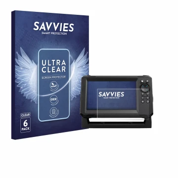 Face avant d’un emballage produit avec le logo de la marque Savvies. À côté, l’appareil Lowrance Eagle 7 est représenté avec l