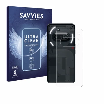 Face avant d’un emballage produit avec le logo de la marque Savvies. À côté, l’appareil Nothing Phone (3a) (Arrière) est repré