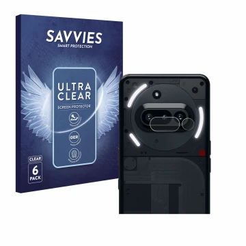 Face avant d’un emballage produit avec le logo de la marque Savvies. À côté, l’appareil Nothing Phone (3a) (Caméra UNIQUEMENT)
