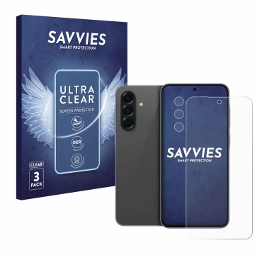 Face avant d’un emballage produit avec le logo de la marque Savvies. À côté, l’appareil Samsung Galaxy A56 5G (Avant+Caméra) e