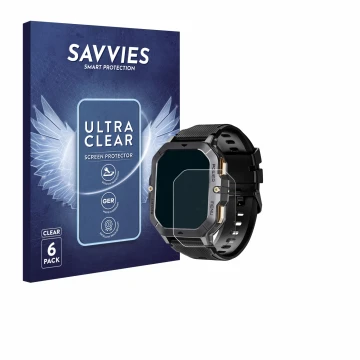 Face avant d’un emballage produit avec le logo de la marque Savvies. À côté, l’appareil Oukitel BT101 2.02