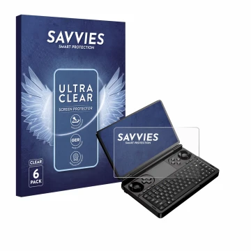 Face avant d’un emballage produit avec le logo de la marque Savvies. À côté, l’appareil GPD Win Mini (2025) est représenté ave