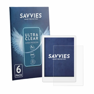 Face avant d’un emballage produit avec le logo de la marque Savvies. À côté, l’appareil Meebook M8 7.8