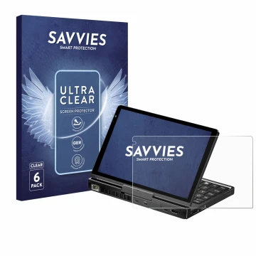 Face avant d’un emballage produit avec le logo de la marque Savvies. À côté, l’appareil GPD Pocket 4 est représenté avec la pr