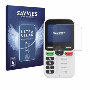 Face avant d’un emballage produit avec le logo de la marque Savvies. À côté, l’appareil Doro Leva X10 est représenté avec la p