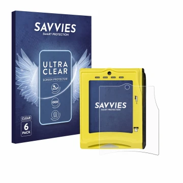 Face avant d’un emballage produit avec le logo de la marque Savvies. À côté, l’appareil Nayax VPOS TOUCH est représenté avec l