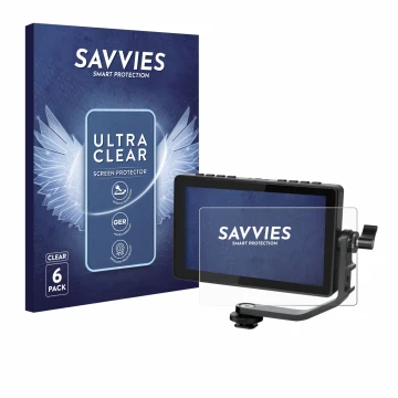 Face avant d’un emballage produit avec le logo de la marque Savvies. À côté, l’appareil Feelworld F5 PROX 5,5
