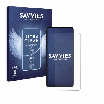 Face avant d’un emballage produit avec le logo de la marque Savvies. À côté, l’appareil realme 14 est représenté avec la prote