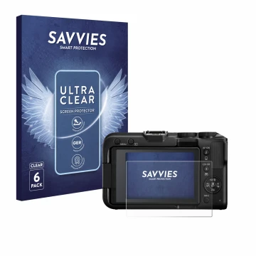 Face avant d’un emballage produit avec le logo de la marque Savvies. À côté, l’appareil Canon EOS R50 V est représenté avec la