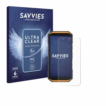 Face avant d’un emballage produit avec le logo de la marque Savvies. À côté, l’appareil Ulefone Armor X32 est représenté avec 