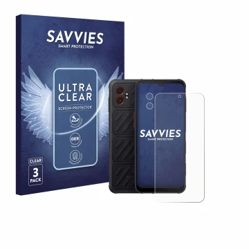Face avant d’un emballage produit avec le logo de la marque Savvies. À côté, l’appareil Samsung Galaxy XCover 7 Pro (Avant+Cam