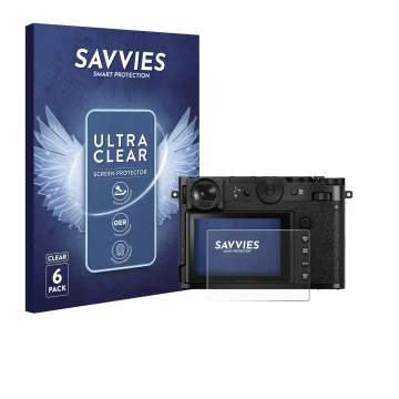 Face avant d’un emballage produit avec le logo de la marque Savvies. À côté, l’appareil Fujifilm GFX 100RF est représenté avec