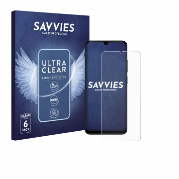 Face avant d’un emballage produit avec le logo de la marque Savvies. À côté, l’appareil Xiaomi Redmi A5 est représenté avec la