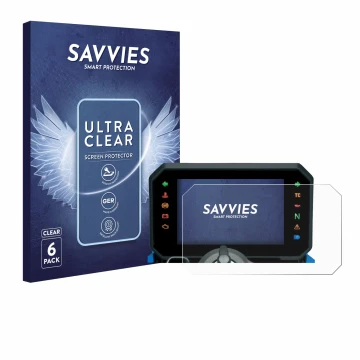 Face avant d’un emballage produit avec le logo de la marque Savvies. À côté, l’appareil Suzuki GSX-8S 2025 est représenté avec