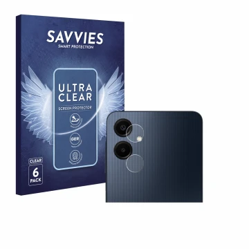 Face avant d’un emballage produit avec le logo de la marque Savvies. À côté, l’appareil Samsung Galaxy A06 5G (Caméra UNIQUEME