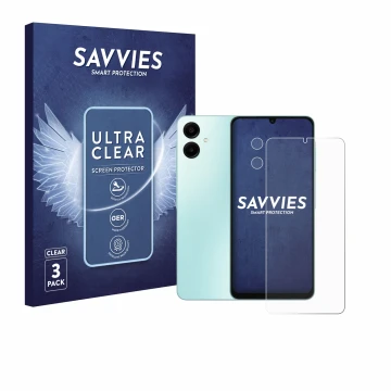 Face avant d’un emballage produit avec le logo de la marque Savvies. À côté, l’appareil Samsung Galaxy A06 5G (Avant+Caméra) e