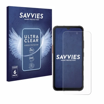 Face avant d’un emballage produit avec le logo de la marque Savvies. À côté, l’appareil Samsung Galaxy XCover 7 Enterprise Edi