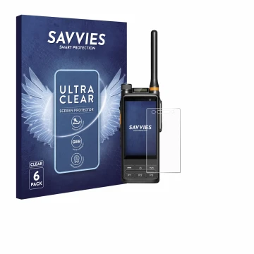 Face avant d’un emballage produit avec le logo de la marque Savvies. À côté, l’appareil Hytera PDC680 est représenté avec la p
