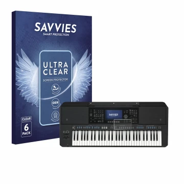 Face avant d’un emballage produit avec le logo de la marque Savvies. À côté, l’appareil Yamaha PSR-SX720 est représenté avec l