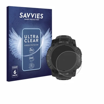 Face avant d’un emballage produit avec le logo de la marque Savvies. À côté, l’appareil Garmin Instinct 3 Tactical AMOLED Edit