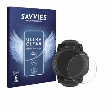 Face avant d’un emballage produit avec le logo de la marque Savvies. À côté, l’appareil Garmin Instinct 3 Solar Tactical Editi