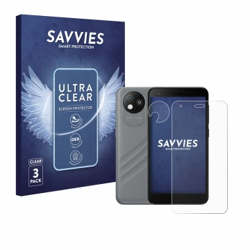 Face avant d’un emballage produit avec le logo de la marque Savvies. À côté, l’appareil ZTE Blade A35 lite (Avant+Caméra) est 