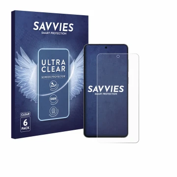 Face avant d’un emballage produit avec le logo de la marque Savvies. À côté, l’appareil Samsung Galaxy S25 Edge est représenté