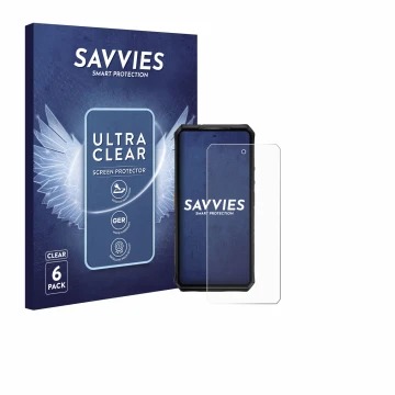 Face avant d’un emballage produit avec le logo de la marque Savvies. À côté, l’appareil Ulefone Armor 28 Pro est représenté av