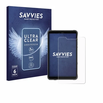Face avant d’un emballage produit avec le logo de la marque Savvies. À côté, l’appareil Ulefone Armor Pad Pro est représenté a
