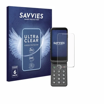 Face avant d’un emballage produit avec le logo de la marque Savvies. À côté, l’appareil Doro Aurora A20 est représenté avec la