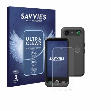 Face avant d’un emballage produit avec le logo de la marque Savvies. À côté, l’appareil Doro Aurora A10 (Avant+Caméra) est rep