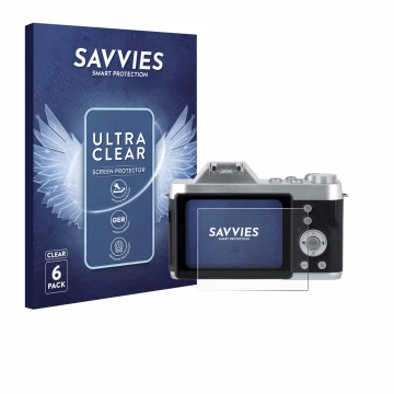 Face avant d’un emballage produit avec le logo de la marque Savvies. À côté, l’appareil Rollei Powerflex 10x Retro est représe