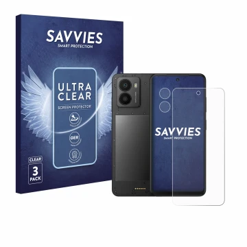 Face avant d’un emballage produit avec le logo de la marque Savvies. À côté, l’appareil Xplora HMD Fusion X1 (Avant+Caméra) es